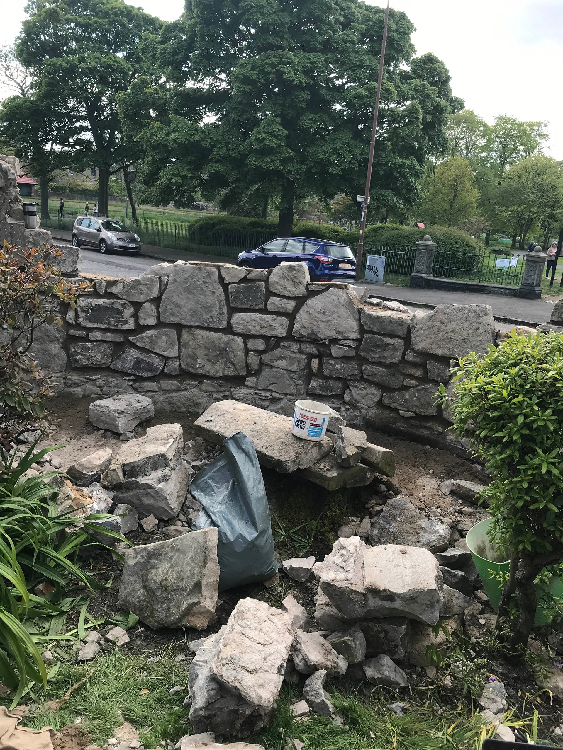 Rubble stone wall under repair in Edinburgh