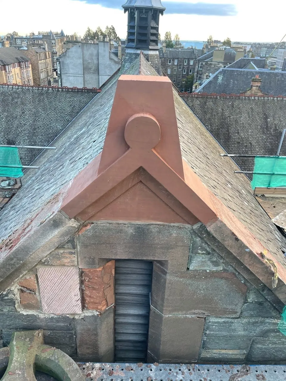 Repaired masonry detail on a church