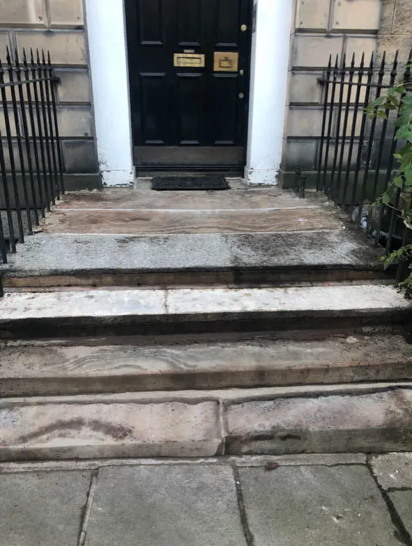 Stone entrance steps and iron railings leading to a black front door