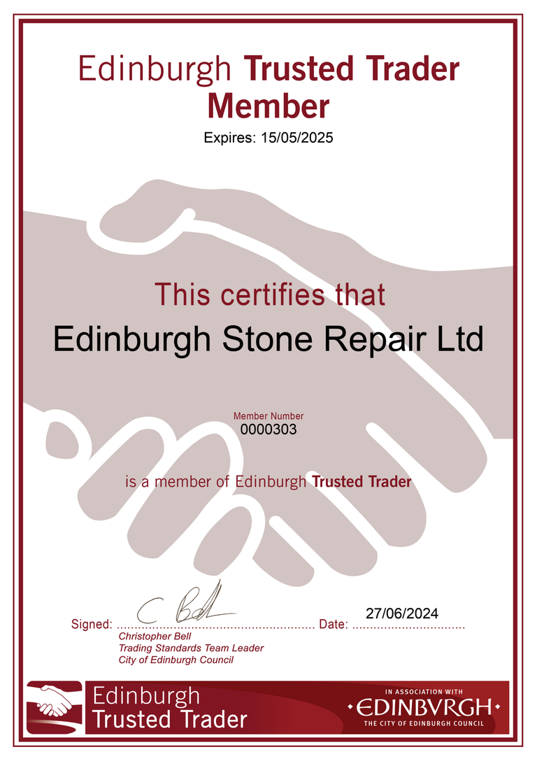 Edinburgh Trusted Trader membership certificate for Edinburgh Stone Repair Ltd